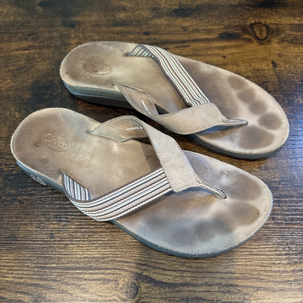 Chaco Womens Size 8 Striped Leather Sandals Flip Flops Thongs Shoes